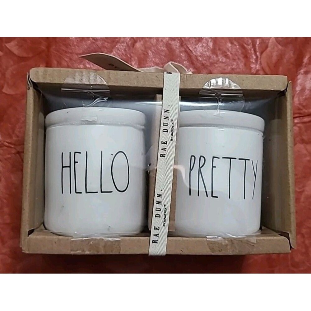 Rae Dunn Set * 2 'HELLO" & "PRETTY" Small *Black  Heart Knob Canister